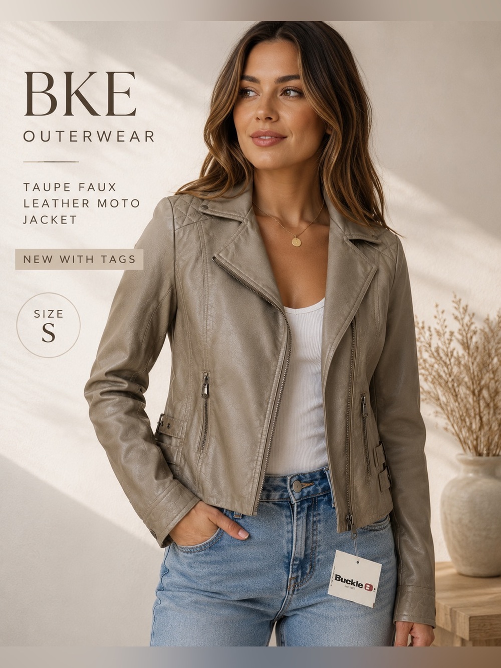 BKE Outerwear Taupe Faux Leather Moto Jacket NWT Women’s Small Quilted Buckle